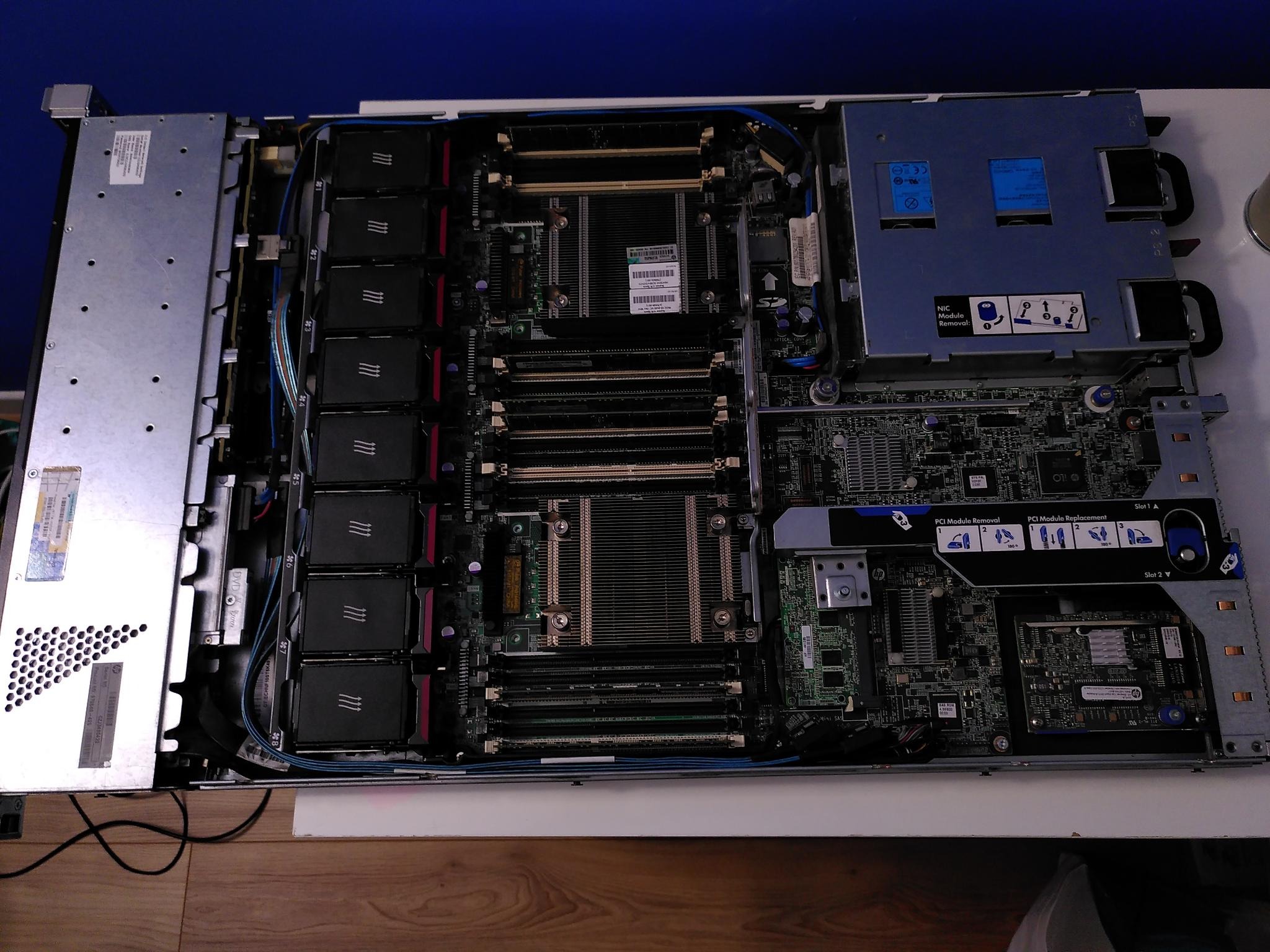 top view of HP 1U server (cover removed)